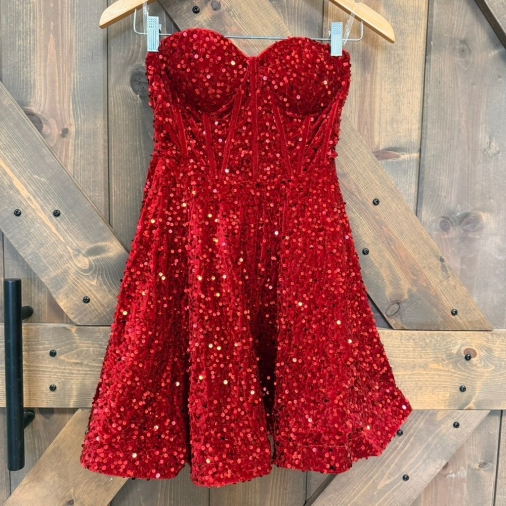 Unbranded Sequin Velvet Corset Dress Women S Red Excellent Sweetheart Mini